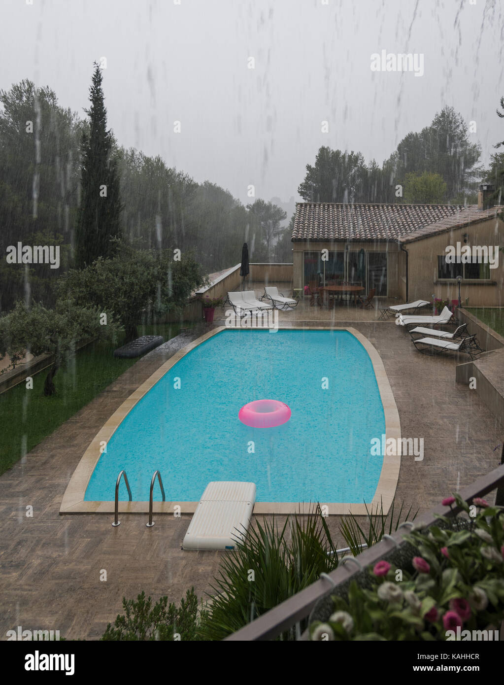 Pouring rain at a holiday villa in Beaumes de Venise, France Stock Photo