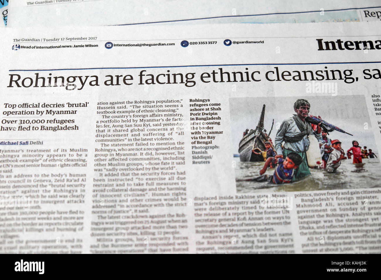 "Rohingya are facing ethnic cleansing"  news article in Guardian newspaper article 2017 Stock Photo