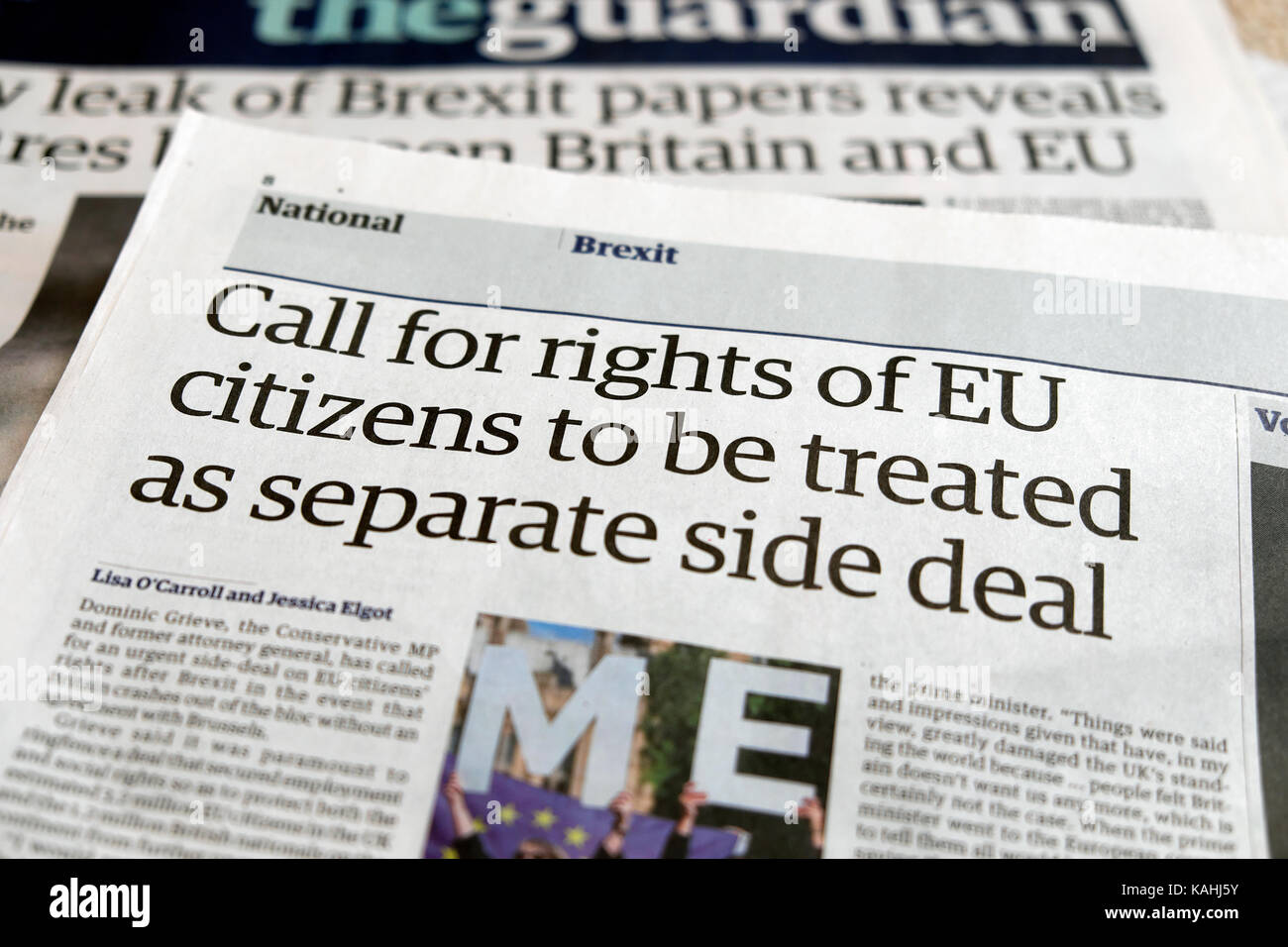 'Call for rights of EU citizens to be treated as separate side deal' Guardian Brexit newspaper article London 2017 Stock Photo