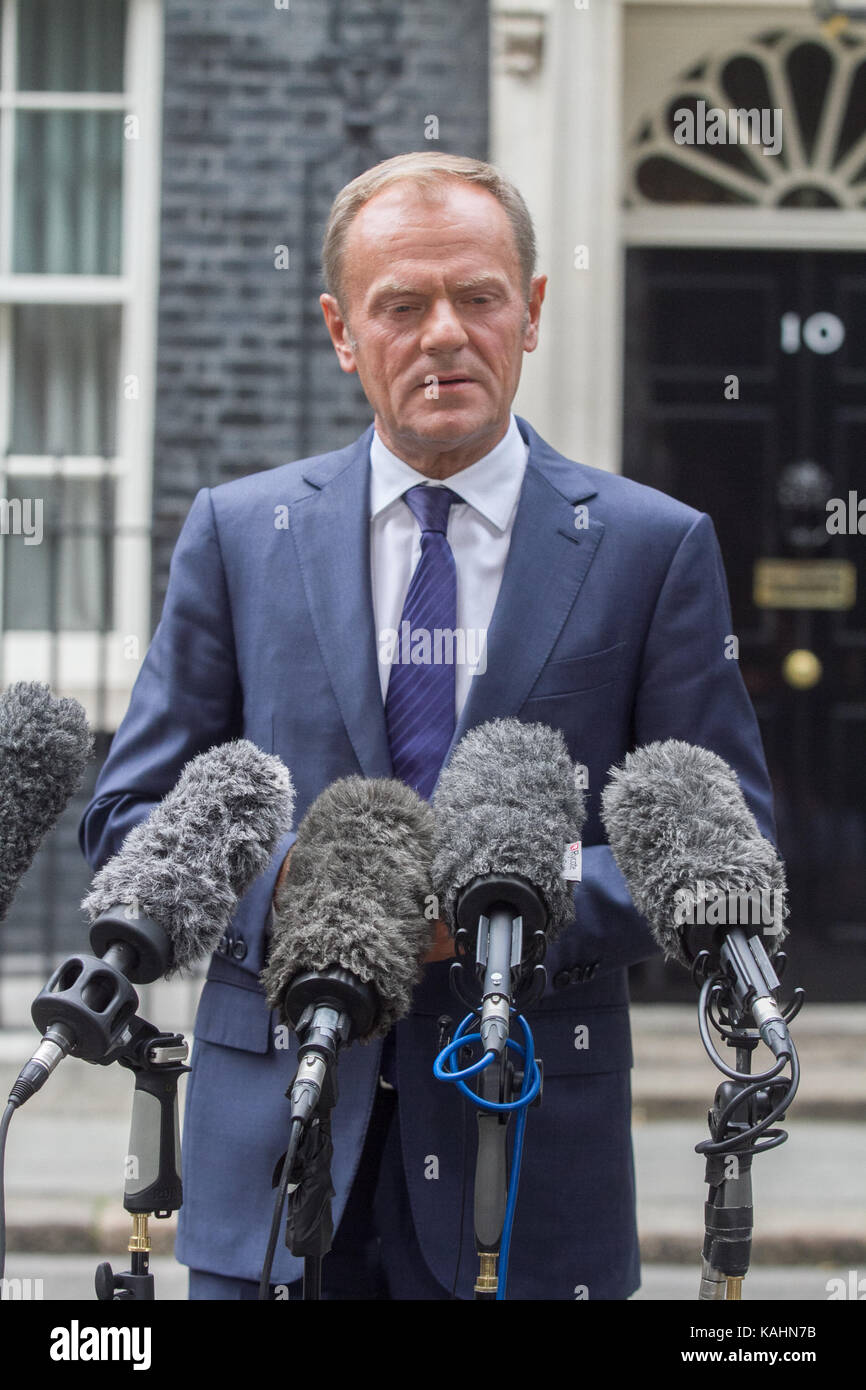 London, UK. 26th Sep, 2017. European Council President Donald Tusk is welcomed at No 10 Downing Street by British Prime Minister Theresa May for talks on Brexit Credit: amer ghazzal/Alamy Live News Stock Photo