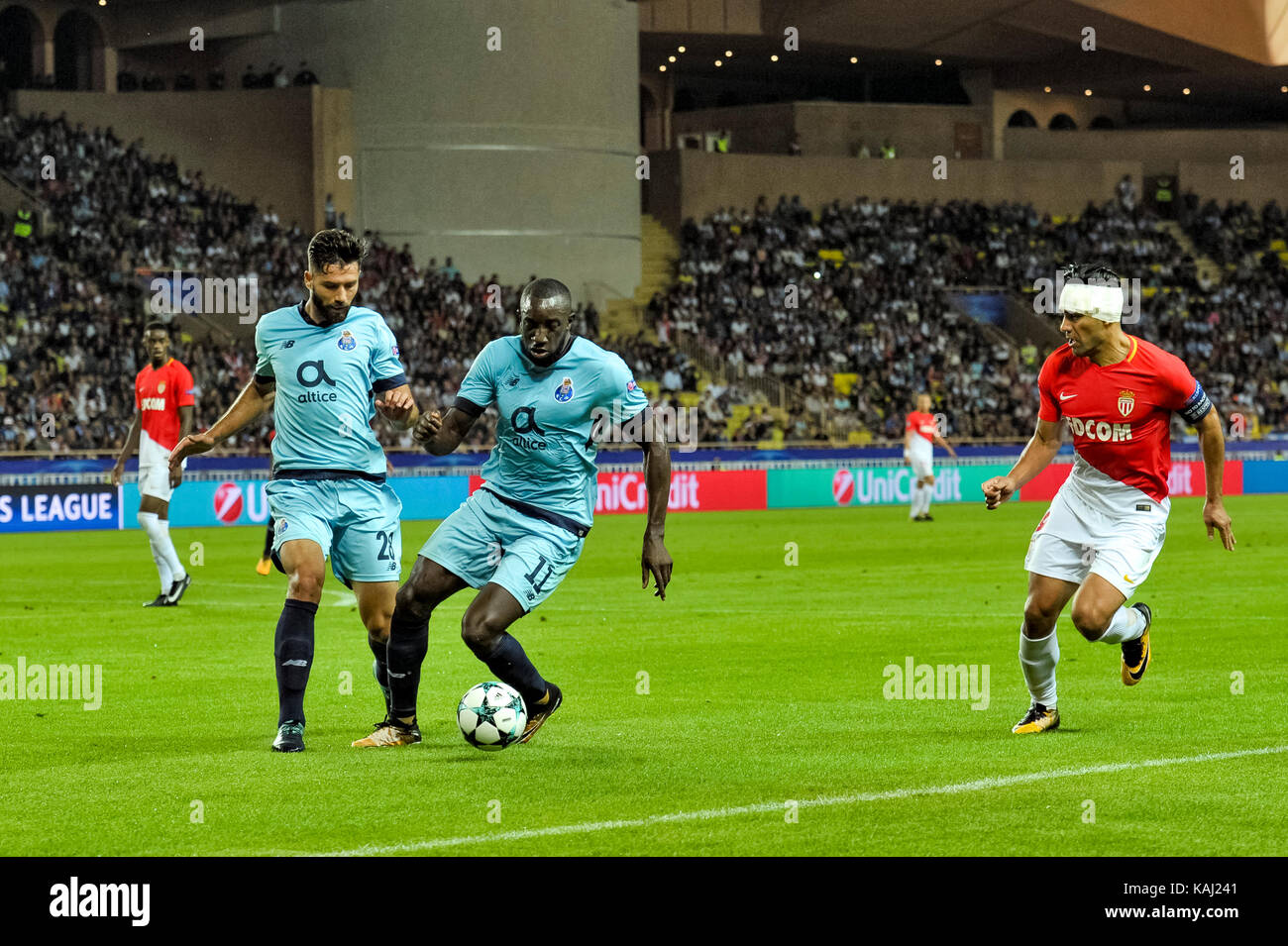 Monaco, France. 26th Sep, 2017. Radamel Falcao (R) (AS Monaco) Moussa Marega (C) (FC Porto) Felipe (L) (FC Porto) during the Champions League Group Match between AS Monaco and FC Porto in the Stade Louis II in Monaco, 26 September 2017 Credit: Norbert Scanella/Alamy Live News Stock Photo