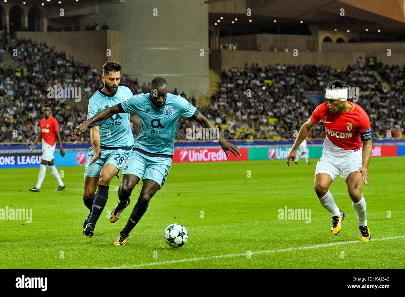 Monaco, France. 26th Sep, 2017. Radamel Falcao (R) (AS Monaco) Moussa Marega (C) (FC Porto) Felipe (L) (FC Porto) during the Champions League Group Match between AS Monaco and FC Porto in the Stade Louis II in Monaco, 26 September 2017 Credit: Norbert Scanella/Alamy Live News Stock Photo