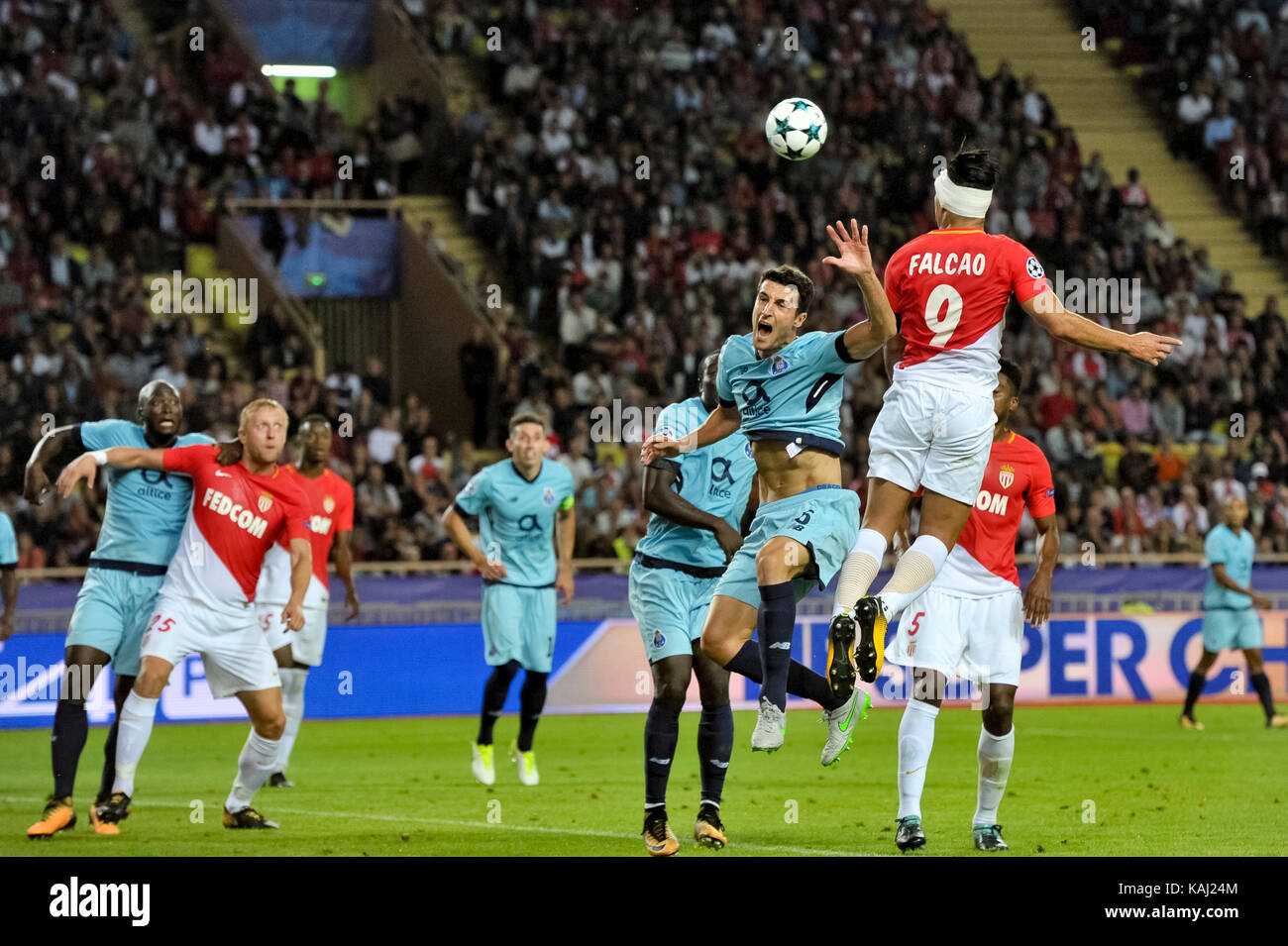Monaco, France. 26th Sep, 2017. Radamel Falcao (R) (AS Monaco) Ivan Marcano (L) (FC Porto) during the Champions League Group Match between AS Monaco and FC Porto in the Stade Louis II in Monaco, 26 September 2017 Credit: Norbert Scanella/Alamy Live News Stock Photo