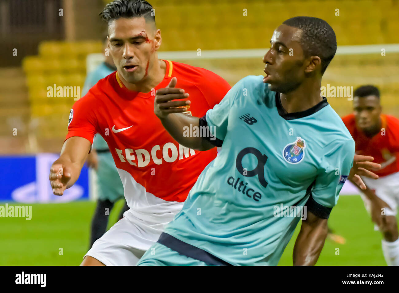 Monaco, France. 26th Sep, 2017. Radamel Falcao (L) (AS Monaco) Ricardo Pereira (R) (FC Porto) during the Champions League Group Match between AS Monaco and FC Porto in the Stade Louis II in Monaco, 26 September 2017 Credit: Norbert Scanella/Alamy Live News Stock Photo