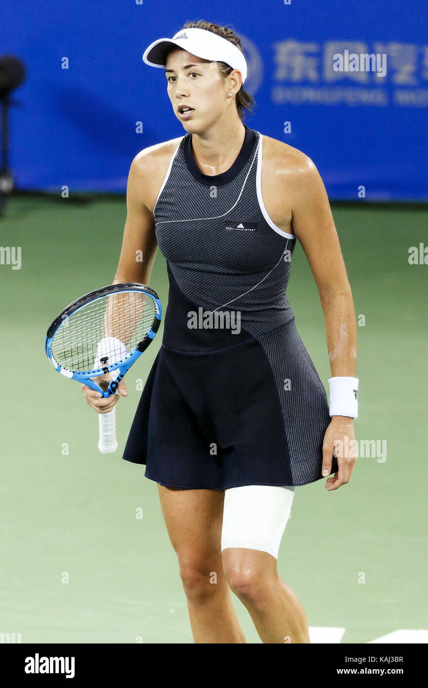 Wuhan, China. 26th Sep, 2017. Spanish-Venezuelan professional tennis player  Garbi?e Muguruza Blanco defeats Ukrainian tennis player Lesia Viktorivna  Tsurenko 2-0 at the Wuhan Open in Wuhan, central China's Hubei Province.  Credit: SIPA