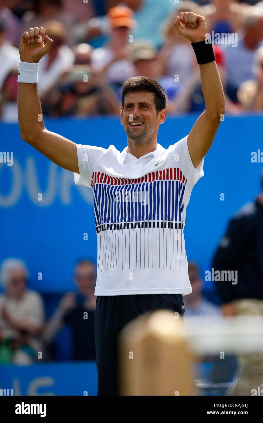 Novak Djokovic of Serbia v Gael Monfils of France during the mens final of the Aegon International at Devonshire Park, Eastbourne. 01 Jul 2017 Stock Photo