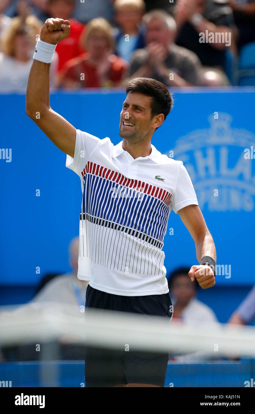 Novak Djokovic of Serbia v Gael Monfils of France during the mens final of the Aegon International at Devonshire Park, Eastbourne. 01 Jul 2017 Stock Photo