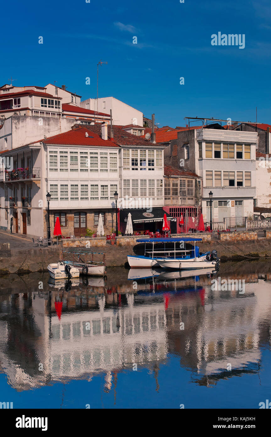 Streetscape with river Mandeo, Betanzos, La Coruna province, Region of Galicia, Spain, Europe Stock Photo