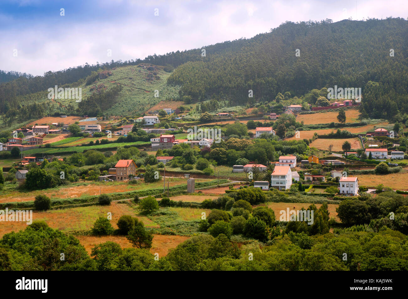 Rural landscape with fog, Ferroterra, La Coruna province, Region of Galicia, Spain, Europe Stock Photo