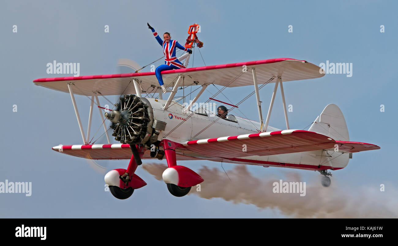Wing Walker Aerobatic Flight Perfromance At Southport Airshow England, UK Stock Photo