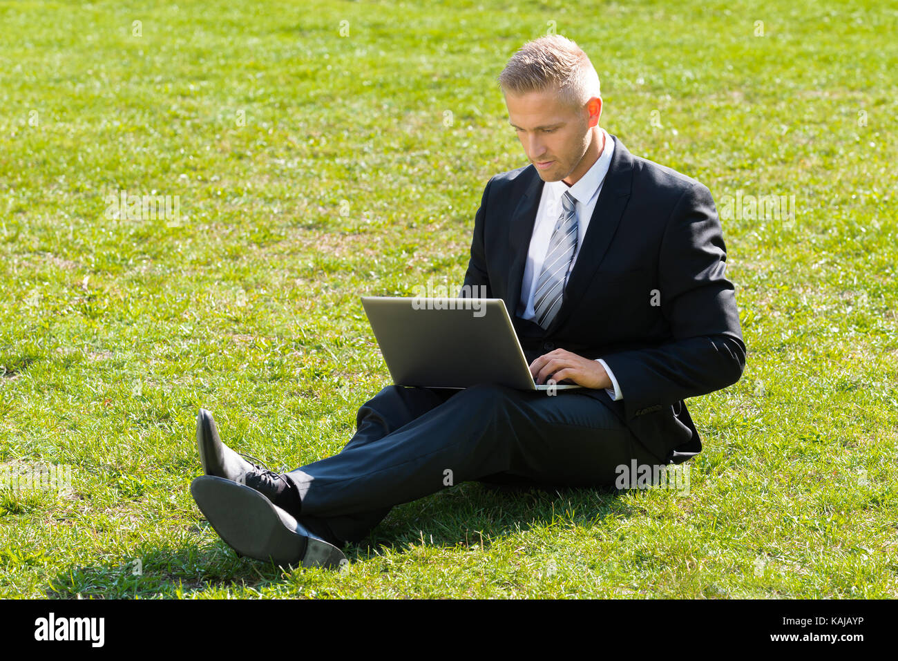 Businessman Sitting On Green Grass Using Laptop Stock Photo - Alamy