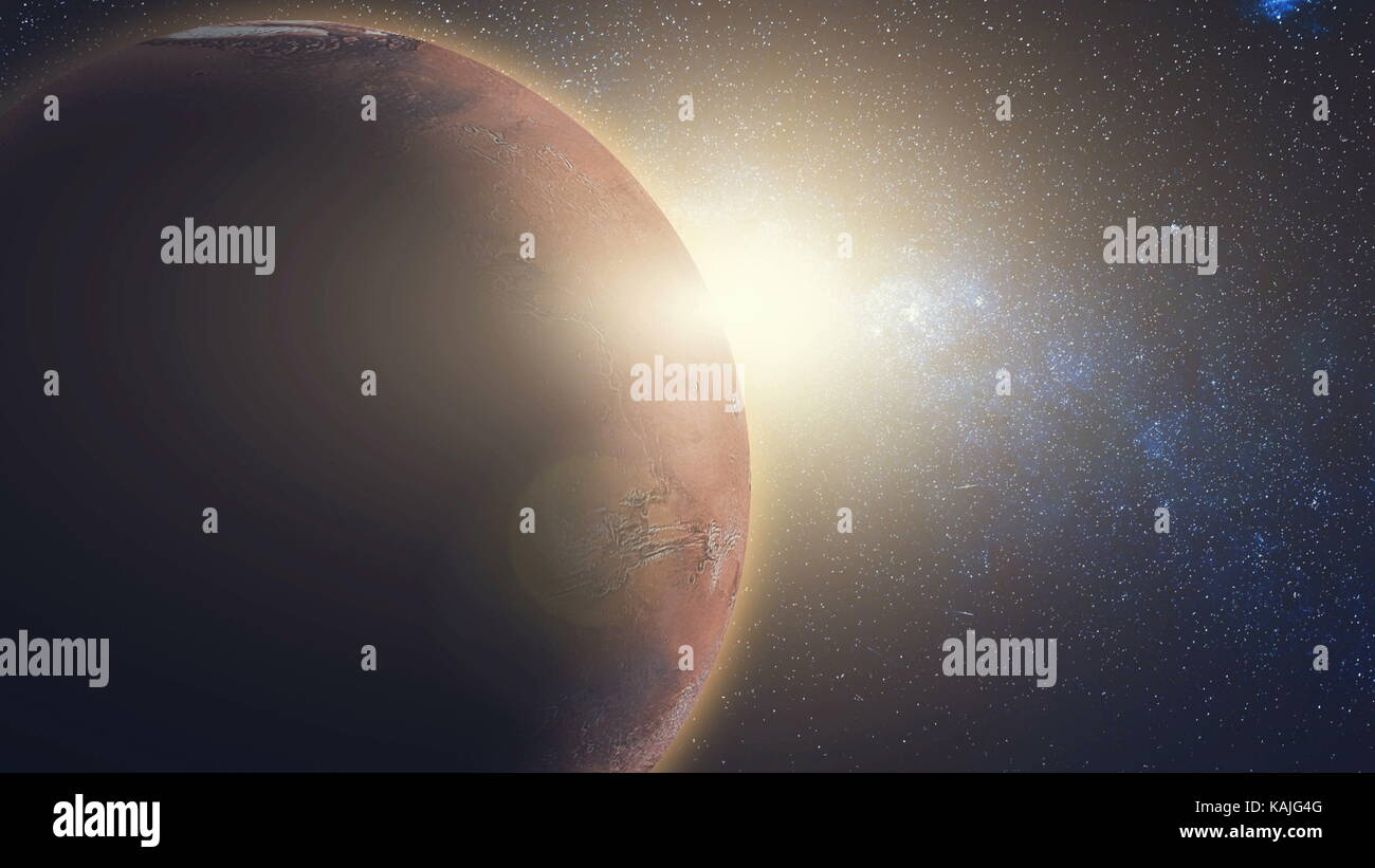 Sunrise view from space: Mars in sun beams. Red Planet close up with ...