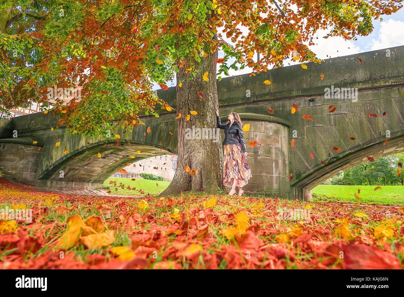 Autumn image with a young woman in a modern dress and a black jacket, staying under a tall tree and watching the colorful falling leaves. Stock Photo