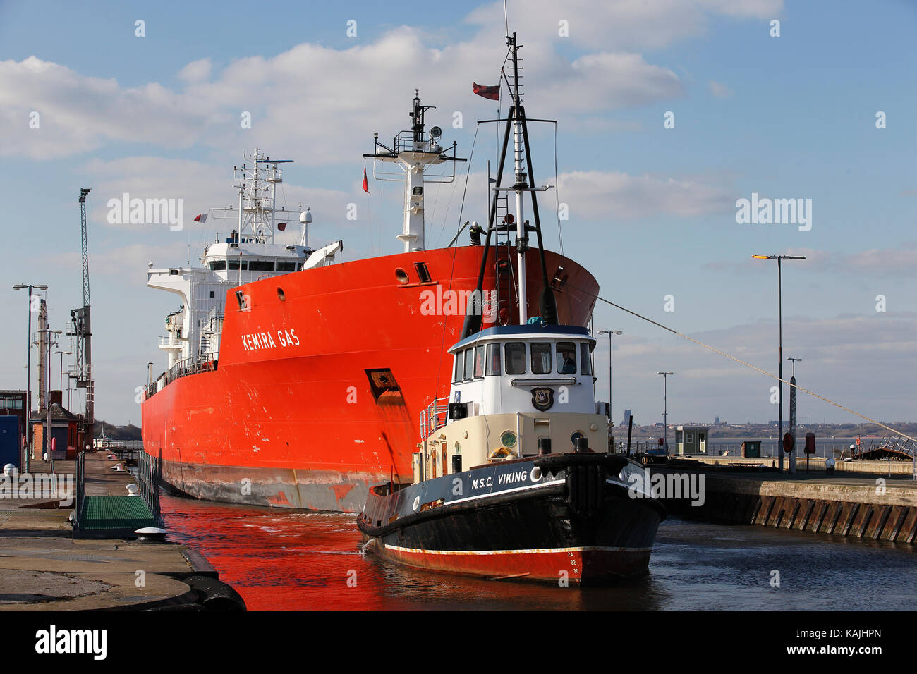 Tug boat MSC Viking pulls Kemira Gas on the Manchester Ship Canal by