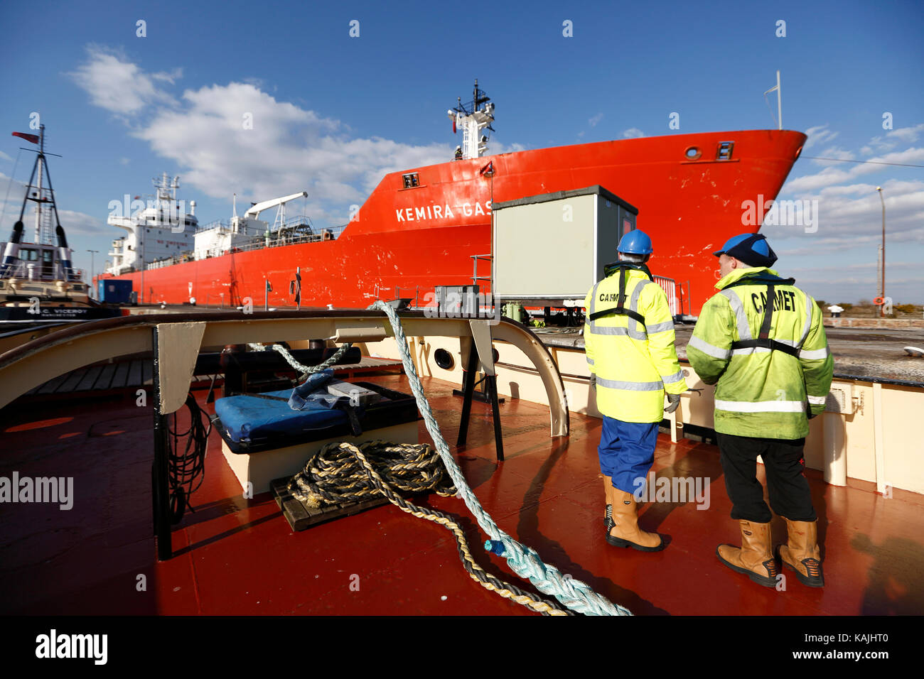 Tug boat MSC Viking pulls Kemira Gas on the Manchester Ship Canal by
