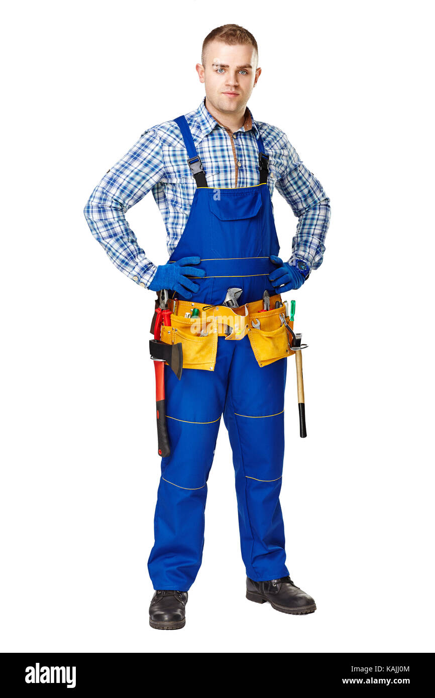 Full length portrait of young male construction worker with tool belt
