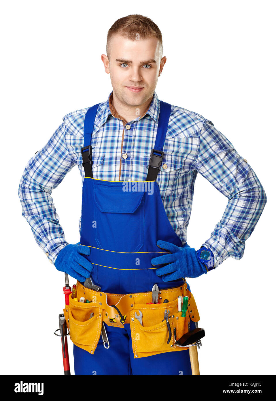 Portrait of young male construction worker with tool belt isolated on