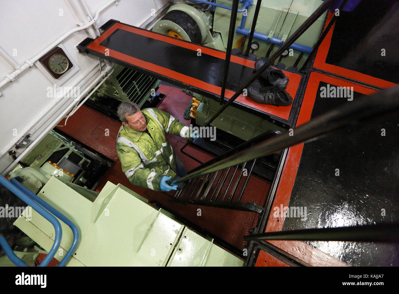 The engine room on MSC Victory on the Manchester Ship Canal in NE England on April 2, 2013. Stock Photo