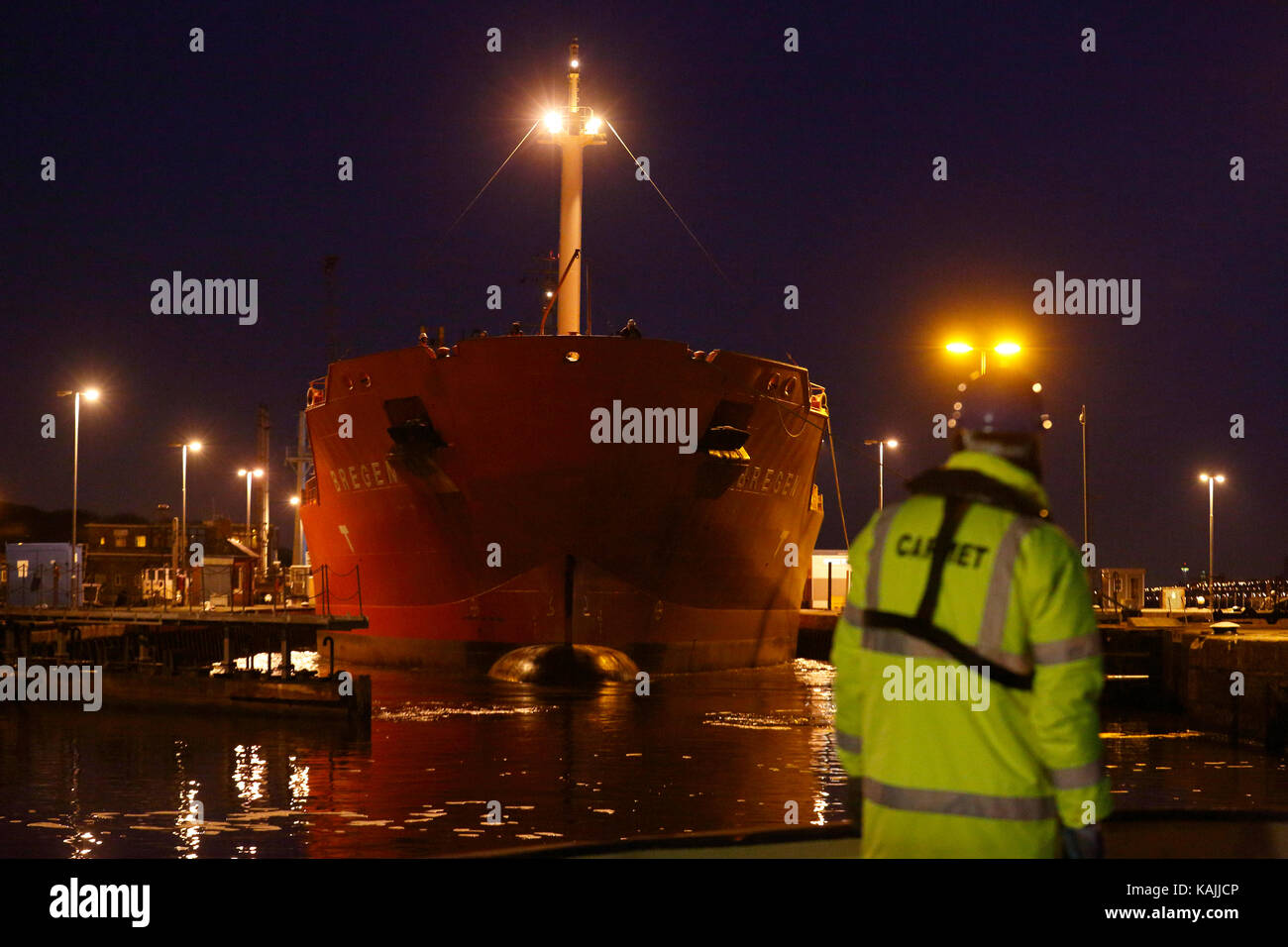 'Bregen' in the lock on the Manchester Ship Canal in NE England on April 2, 2013. Stock Photo