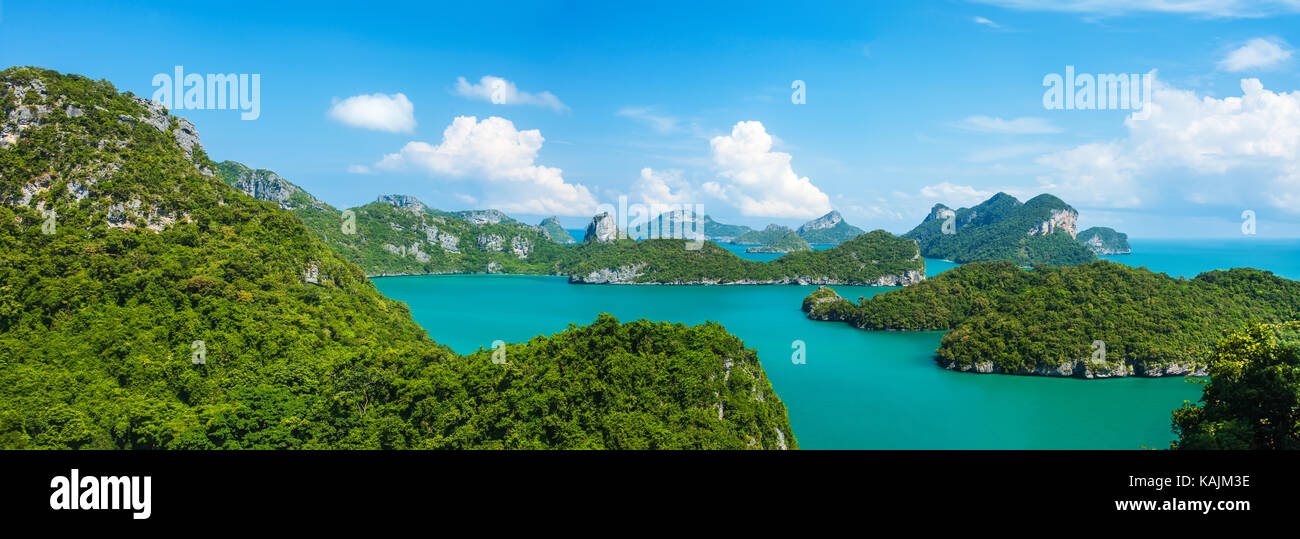 Tropical group of islands in Ang Thong National Marine Park, Thailand. Top view.  Panorama landscape. Stock Photo