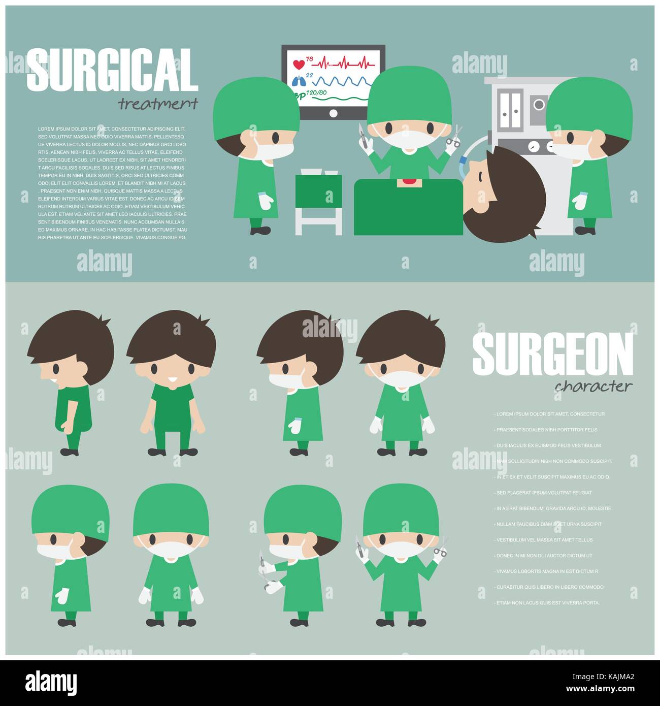 Surgical infographics element and set of surgeon cartoon character . Vector . Stock Vector