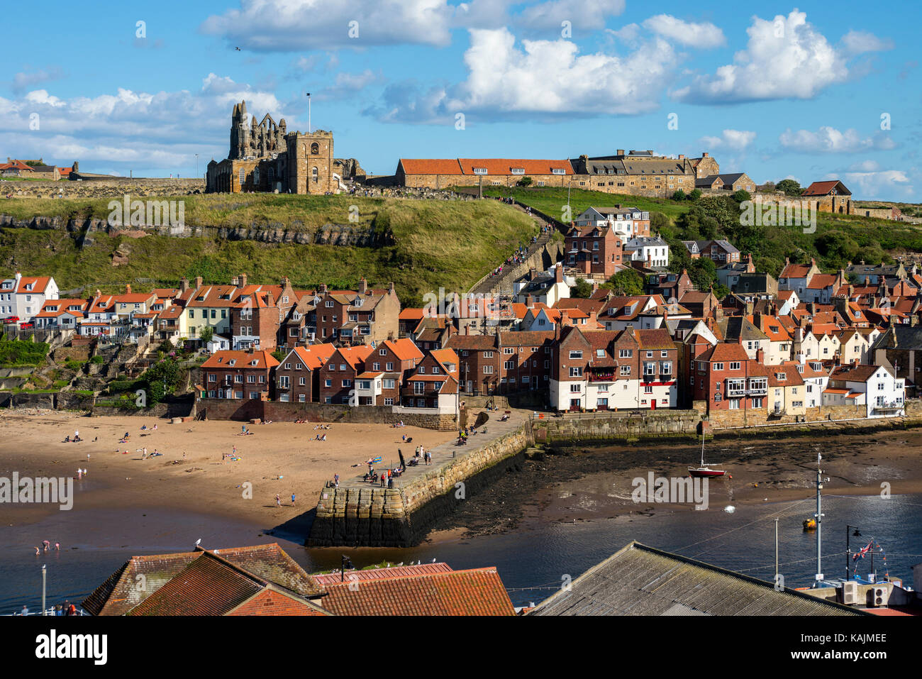 Whitby East Cliff Overview with St Mary's Church and Abbey Stock Photo
