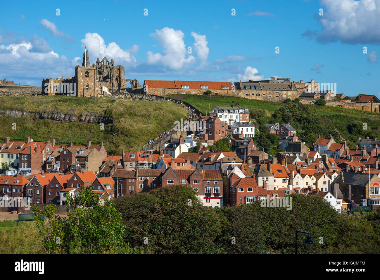 Whitby East Cliff Overview with St Mary's Church and Abbey Stock Photo