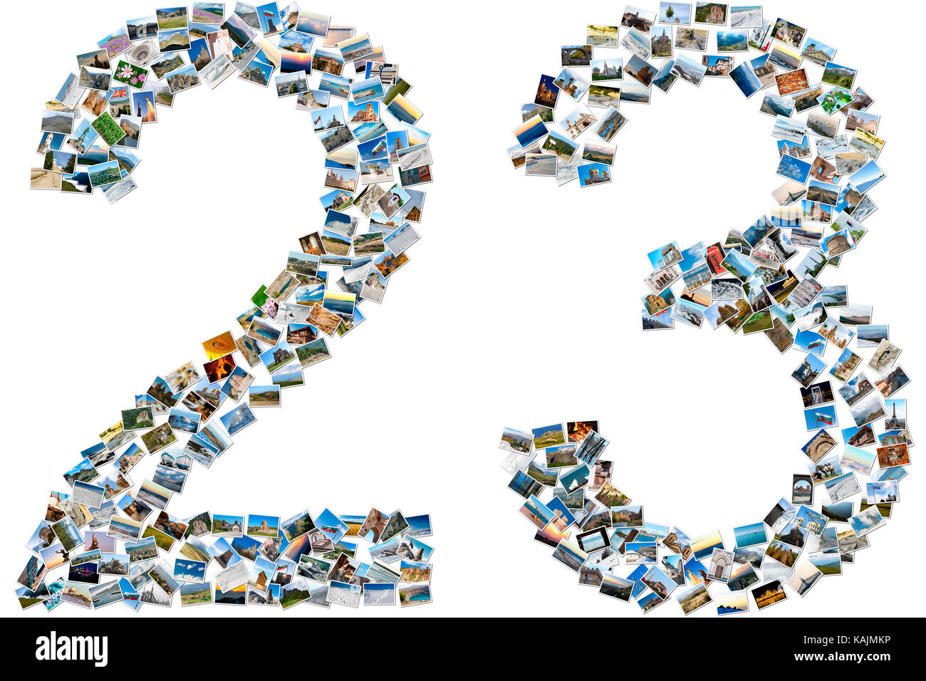 Collage of travel photos forming numbers two and three Stock Photo