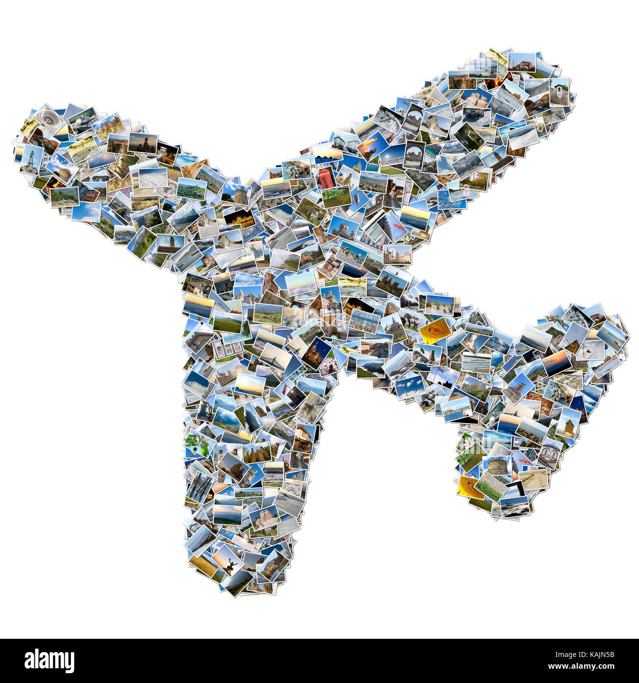 Collage of travel photos - mosaic airplane isolated on white background Stock Photo