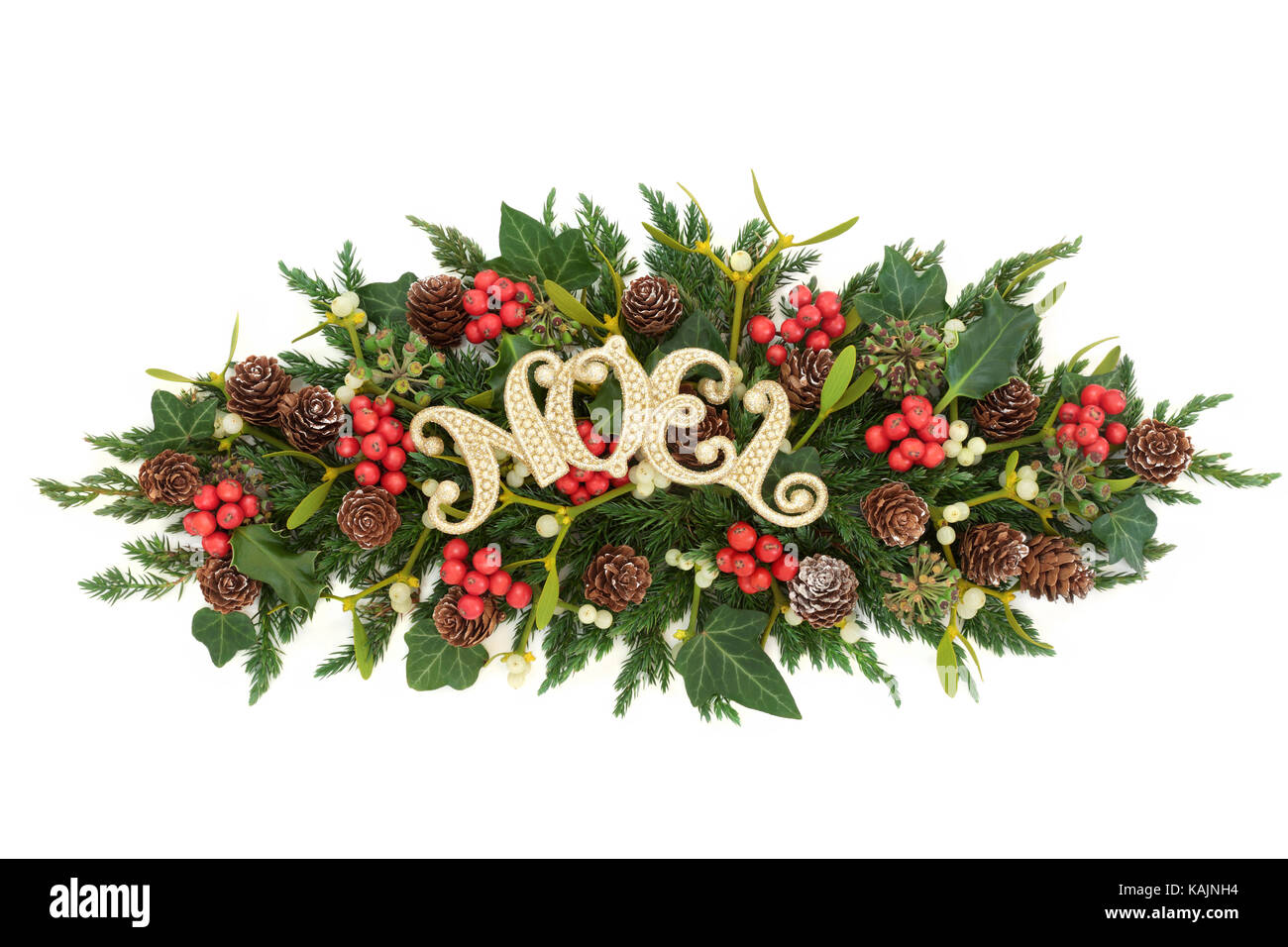 Christmas decoration with gold noel sign, holly, ivy, mistletoe, fir and pine cones on white background. Stock Photo