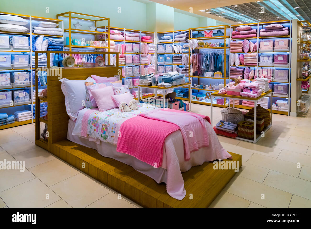 Moscow, Russia - September 15. 2017. Childrens bedding in shop Zara Home store in the mall Zelenopark Stock Photo
