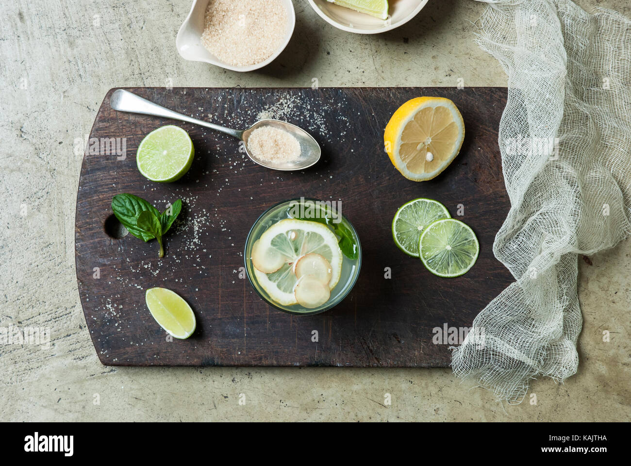Fresh lemonade with lemon, lime, mint and ginger, from above Stock Photo