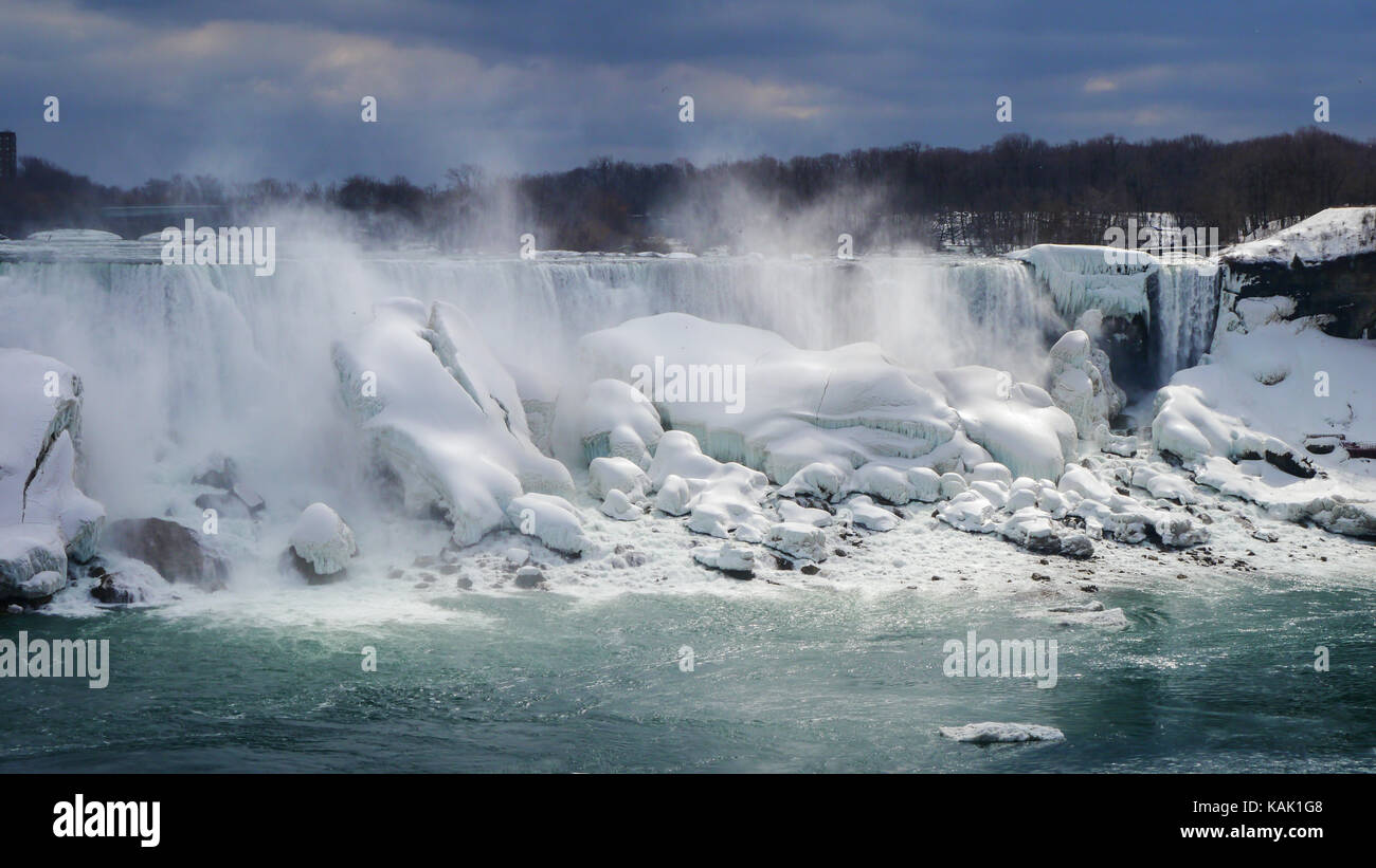 Frozen Niagara Falls, close to Toronto, in early spring (march). Picture taken from Canadian side. Stock Photo