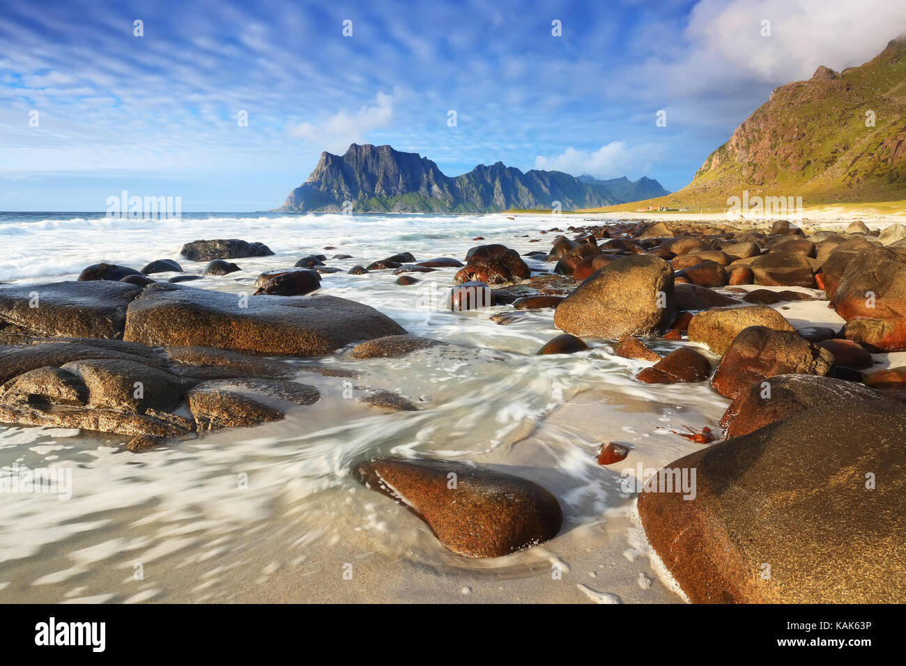 Famous  place of the Lofoten islands Uttakleiv beach. Norwegian sunny landscape. North nature of Norway. Stock Photo