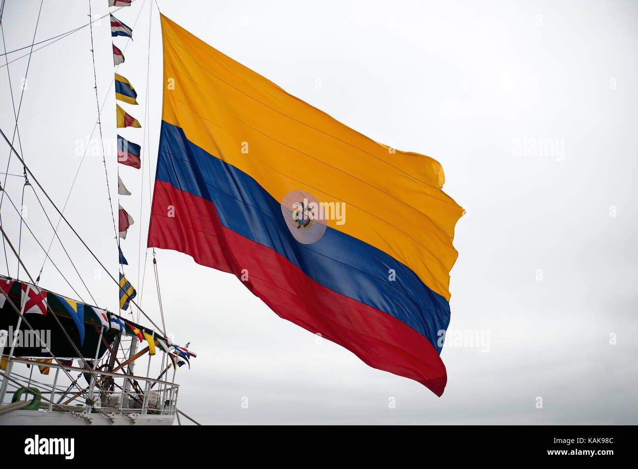 A.R.C. Gloria, training ship and the official flagship of the Colombian Navy, flying naval ensign, during a port visit to San Diego, California, USA Stock Photo