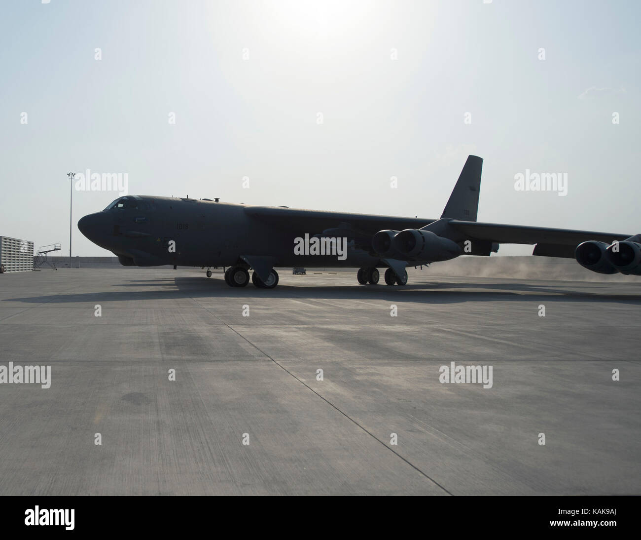 A U.S. Air Force B52 Stratofortress takes off at Al Udeid Air Base