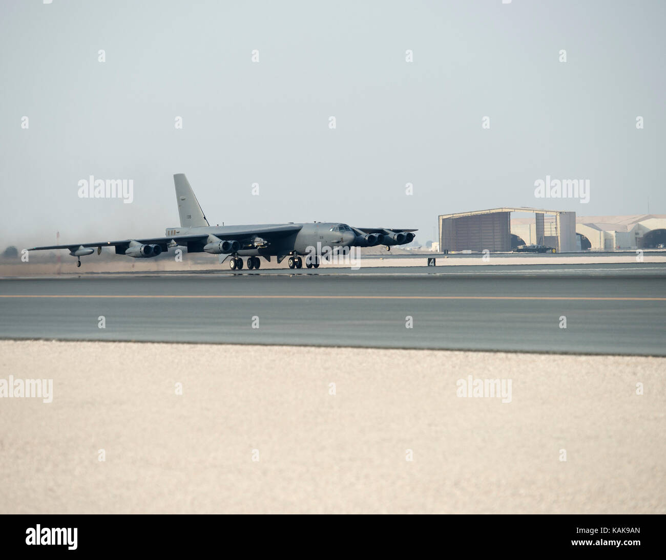 A U.S. Air Force B52 Stratofortress takes off at Al Udeid Air Base