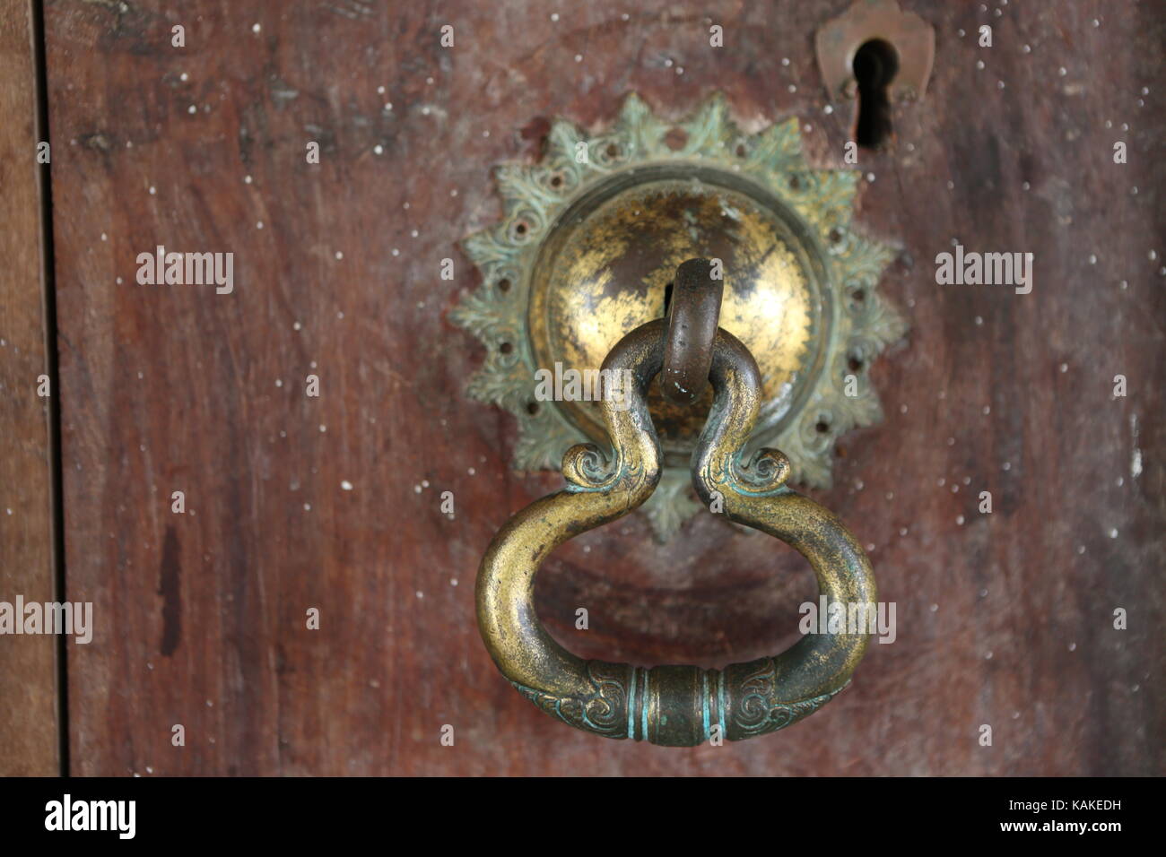 Door knocker made of metal on a wooden door --- Big Door Opener-verzierter Tütbeschlag Stock Photo
