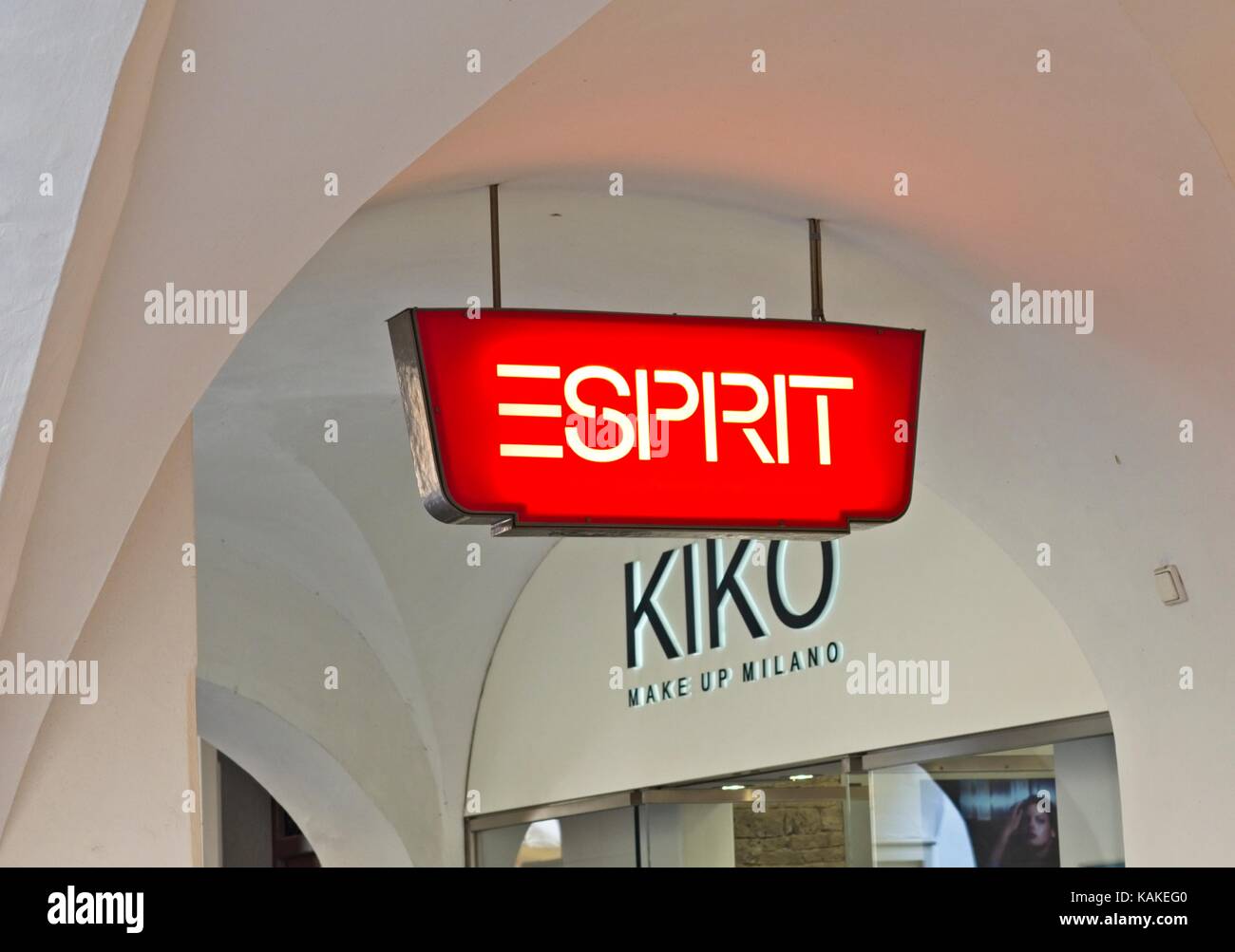 Bressanone, Brixen, Trentino Alto Adige, Italy. Signs of famous brand Esprit  in foreground and and Kiko Make up Milano in background Stock Photo - Alamy