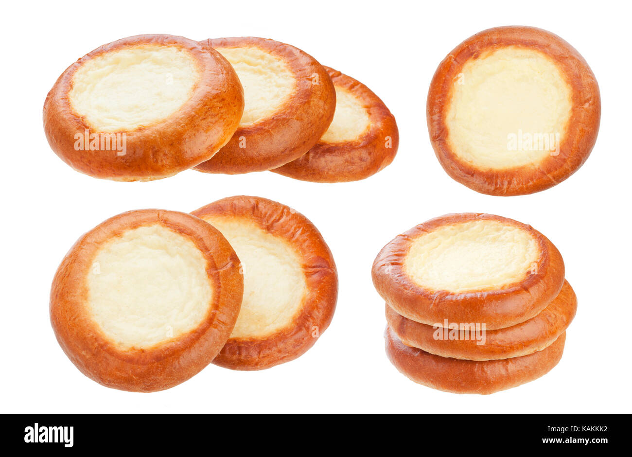 Bun with cottage cheese isolated on white background, traditional russian cheesecake. Collection Stock Photo