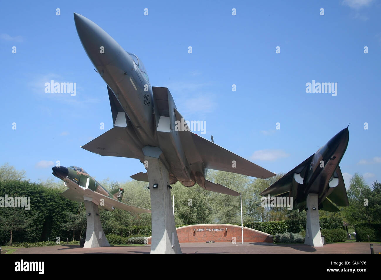 Three aircraft types flown by 48th Fighter Wing at RAF Lakenheath preserved as gate guards, F-4, F-111 and the current type, the F-15 Eagle. Stock Photo