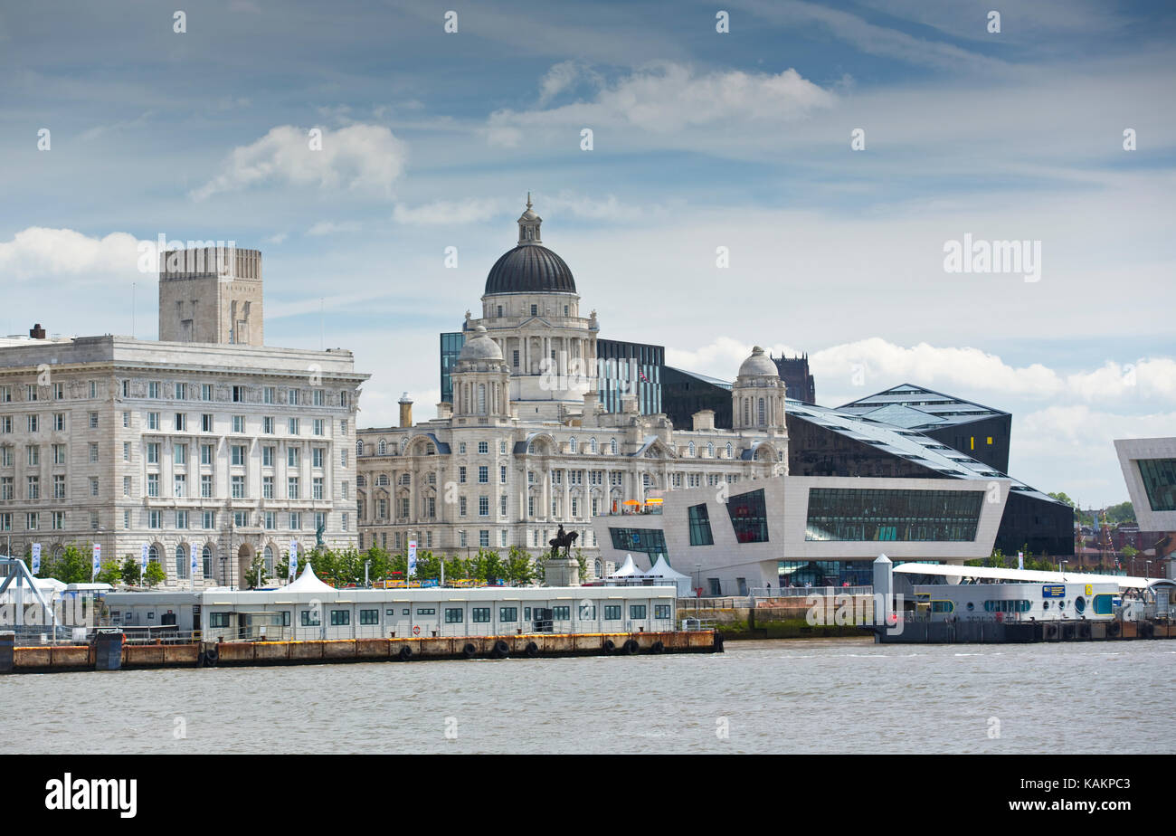 Liverpool skyline, a scene across the River Mersey showing Pier Head, with the Royal Liver Building, Cunard Building and Port of Liverpool Building Stock Photo
