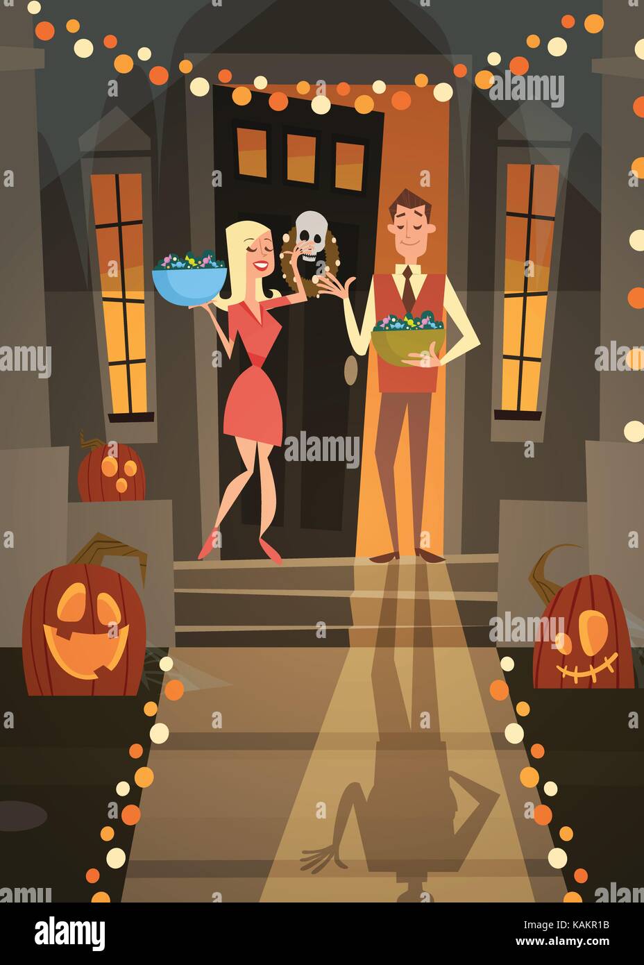 Man And Woman Wait For Monsters With Candy Tricks Or Treat Happy Halloween Banner Holiday Concept Stock Vector