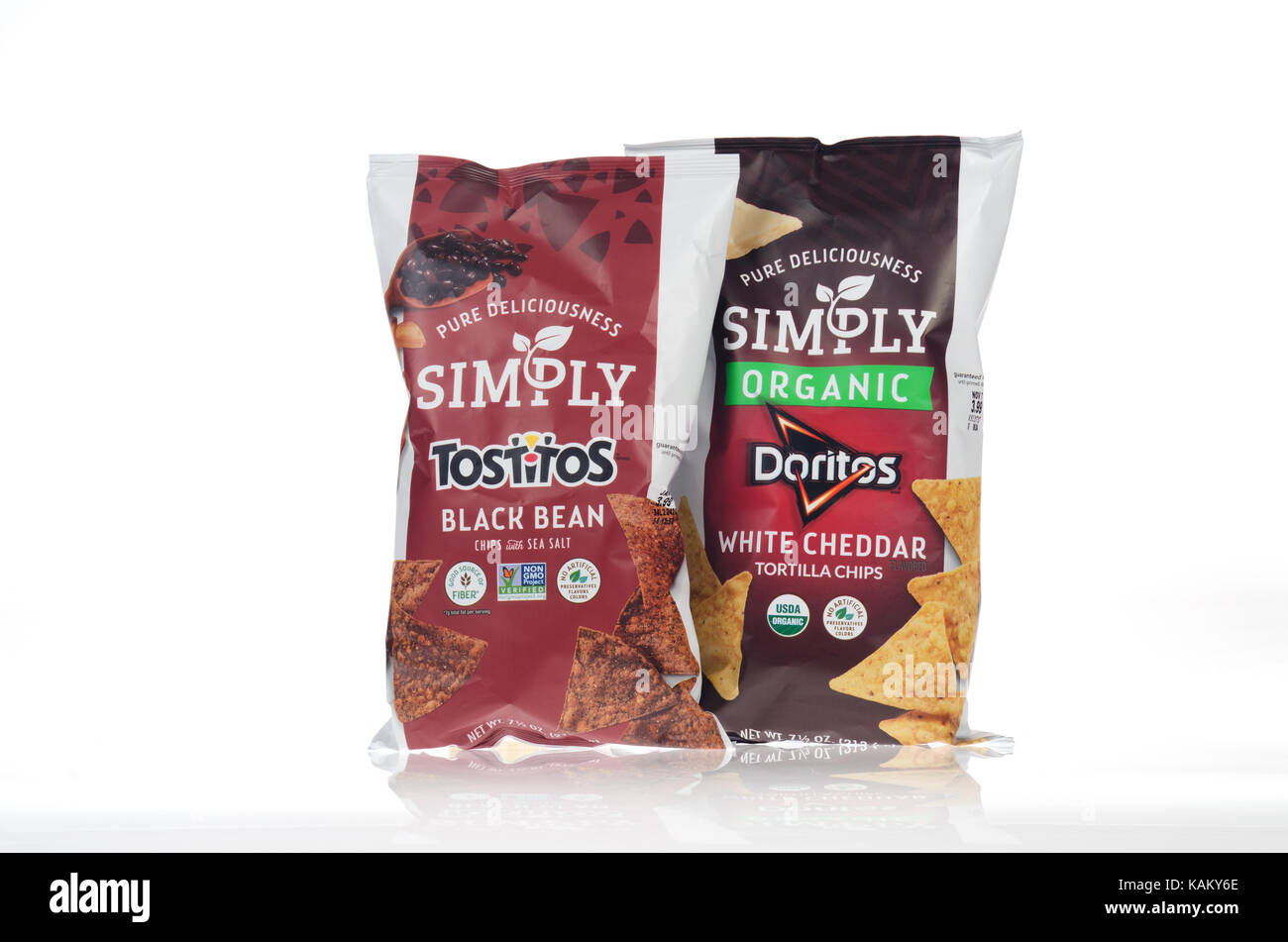 Bags of Frito Lay Simply Tostitos black bean chips and Simply Organic Doritos Stock Photo