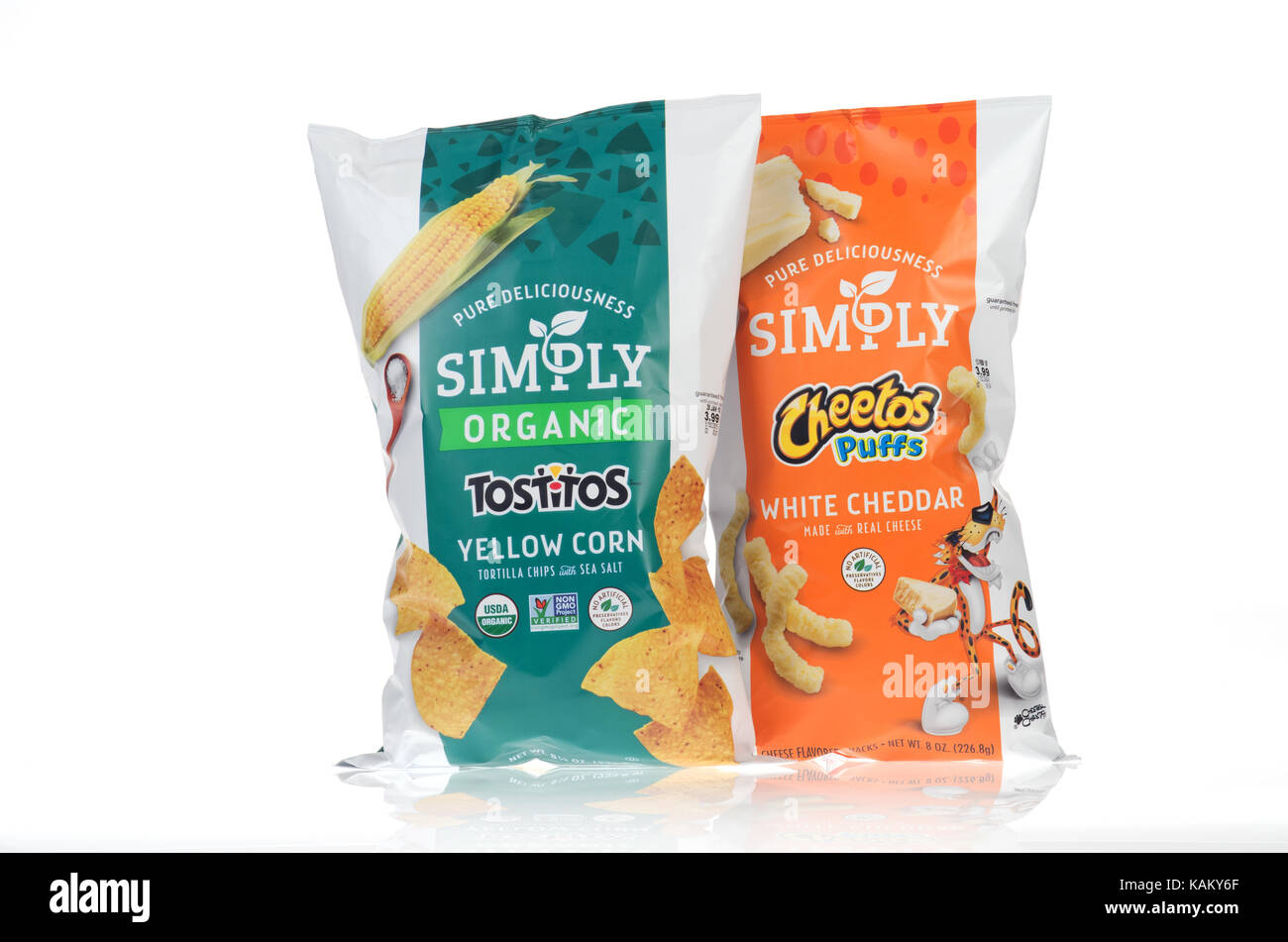 Bags of Frito-Lay Simply Organic Tostitos corn chips with Simply Cheetos Puffs Stock Photo
