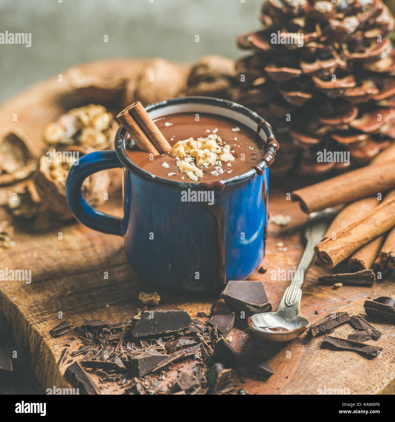 Rich winter hot chocolate with cinnamon and walnuts, square crop Stock Photo
