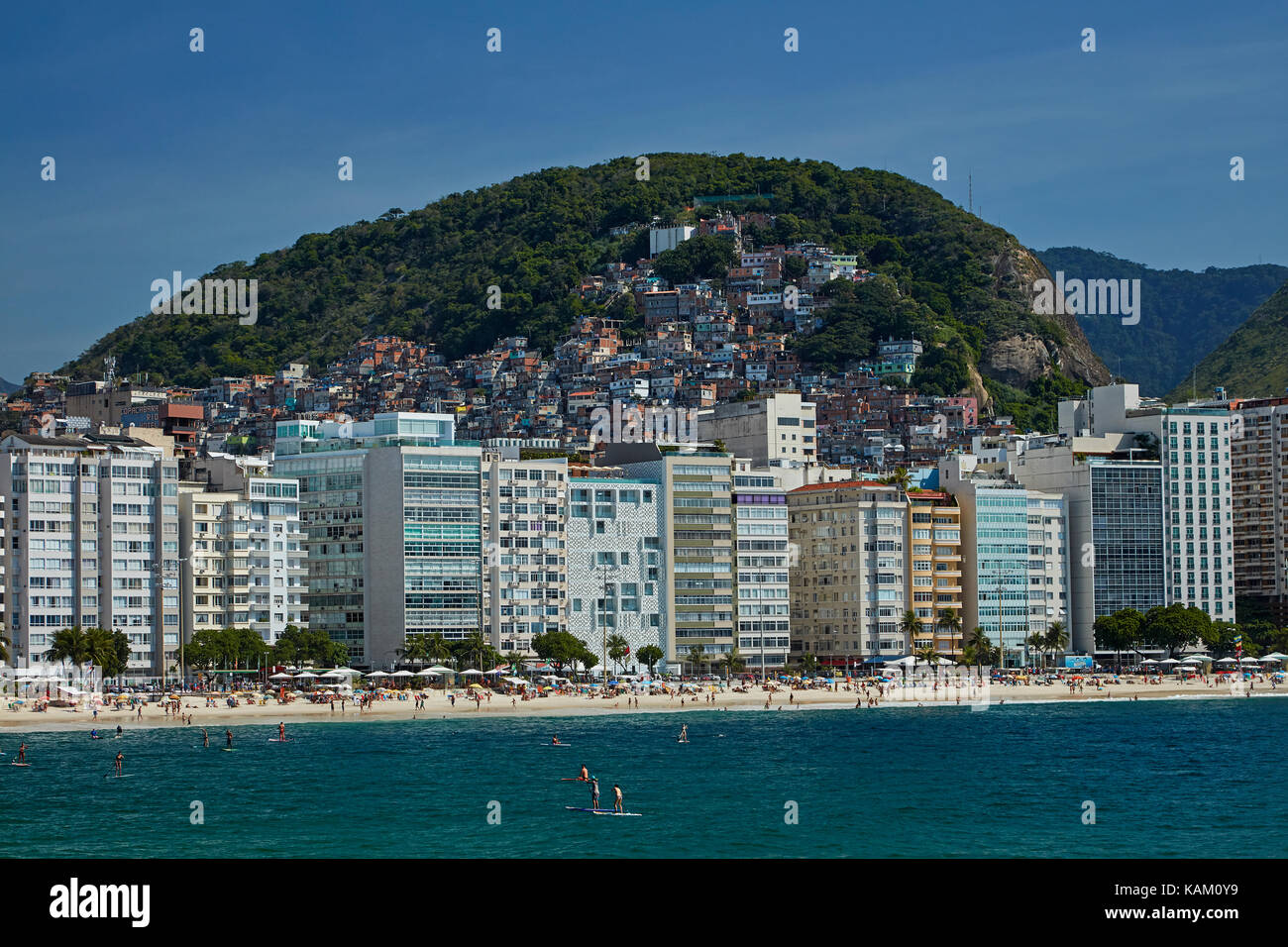 Apartments, Favela Cantagalo, and Copacabana Beach, Rio de Janeiro, Brazil, South America Stock Photo