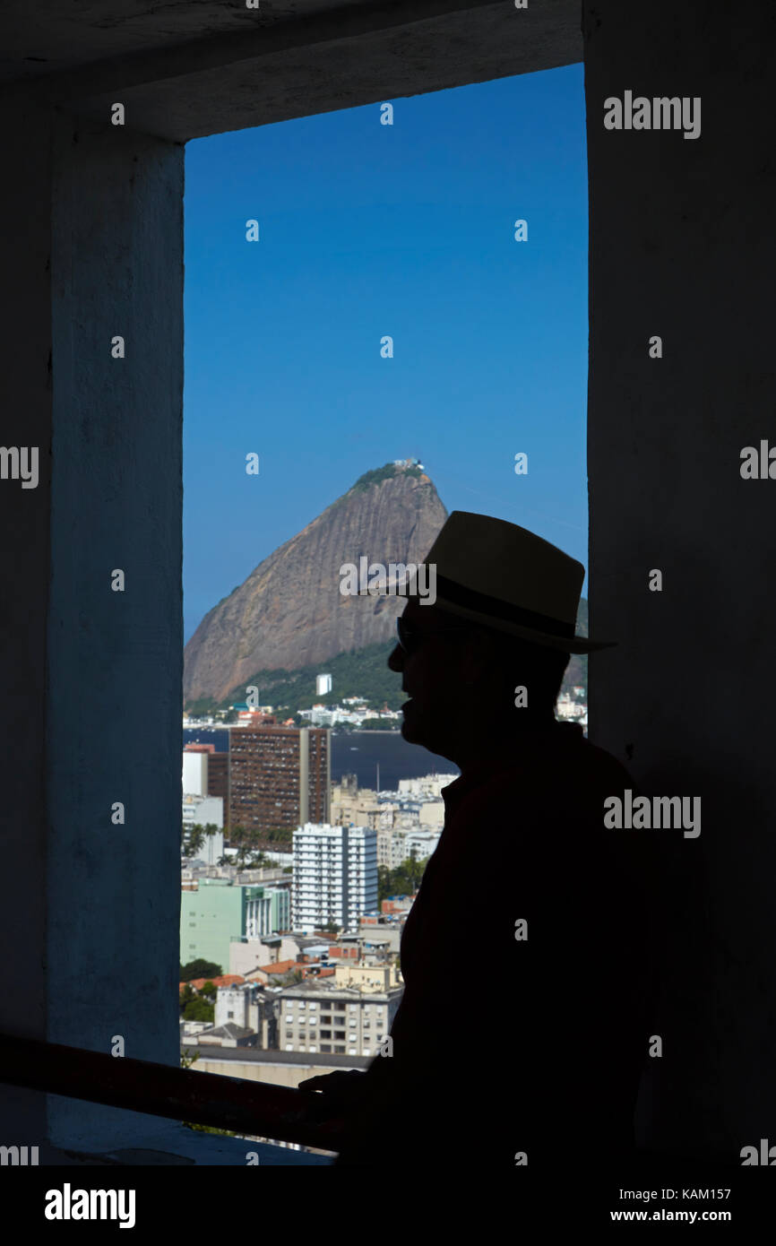 Sugarloaf Mountain, and tourist guide at Parque das Ruinas, Santa Teresa, Rio de Janeiro, Brazil, South America Stock Photo