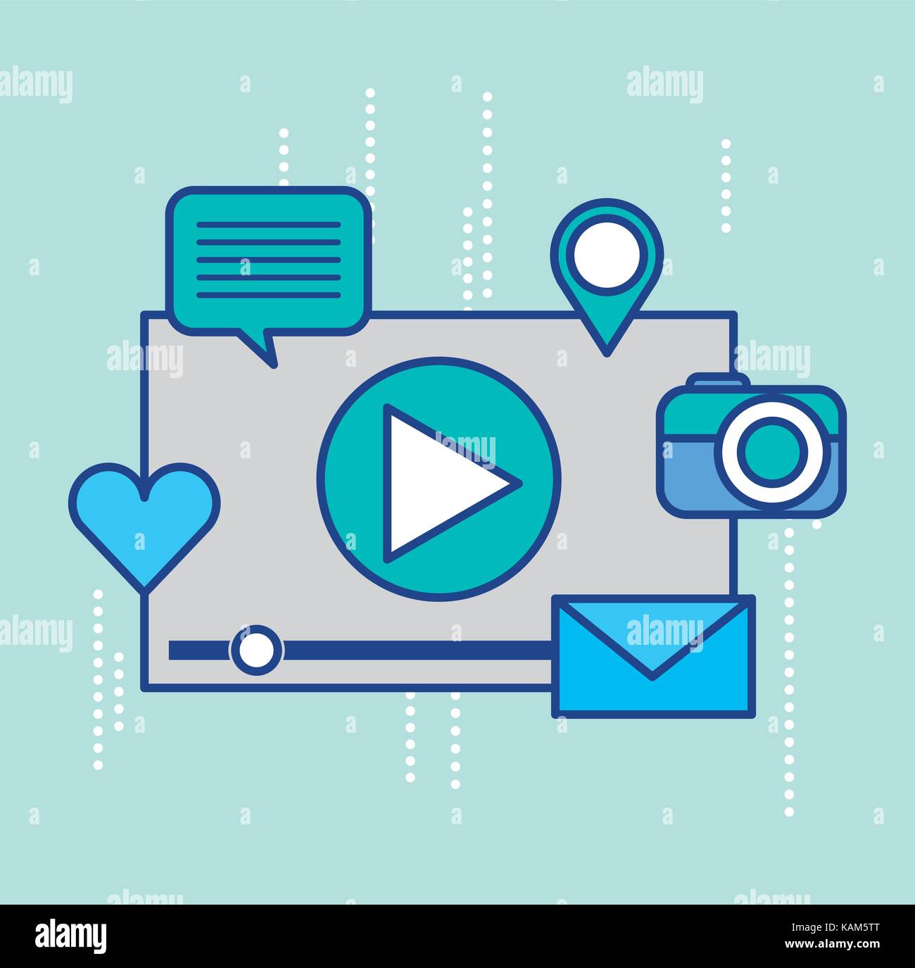 video player and social media icons around design Stock Vector Image ...