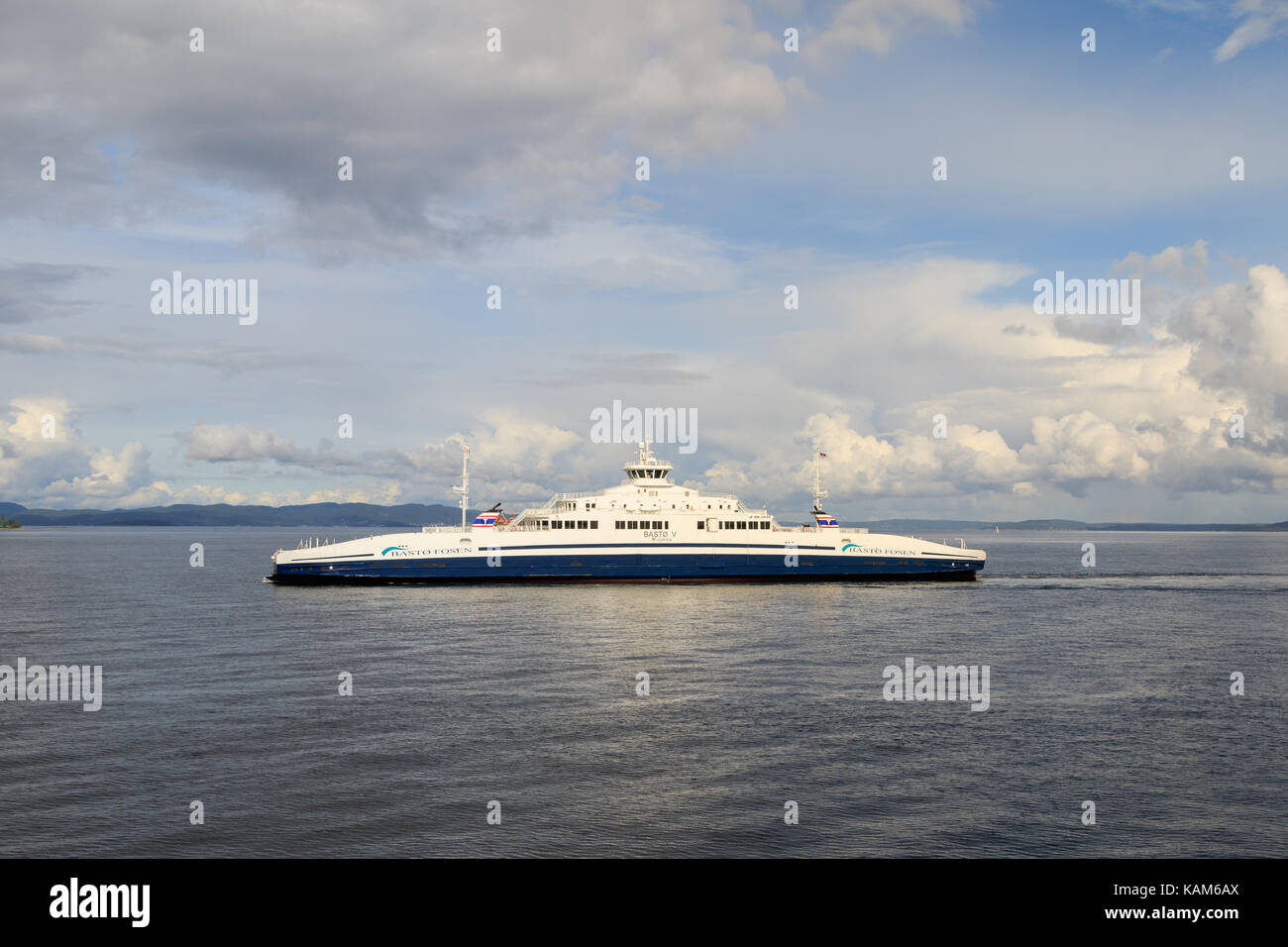 The Ferry from Horten to Moss connects Østfold and Vestfold in Norway. Ferry crossing Oslofjord in september Stock Photo